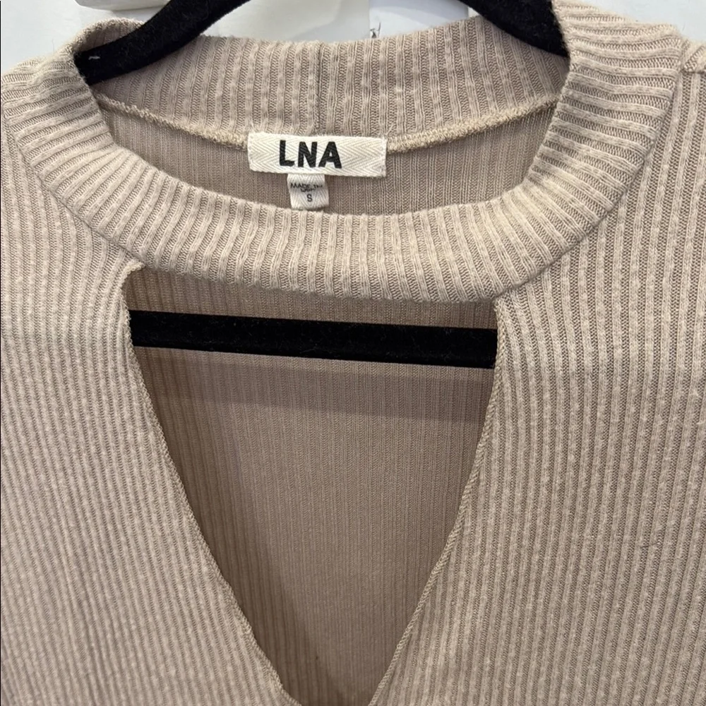 LNA Revolve Bardot Long Sleeve Tee with Keyhole Choker Neck in Oat - Picture 4 of 8